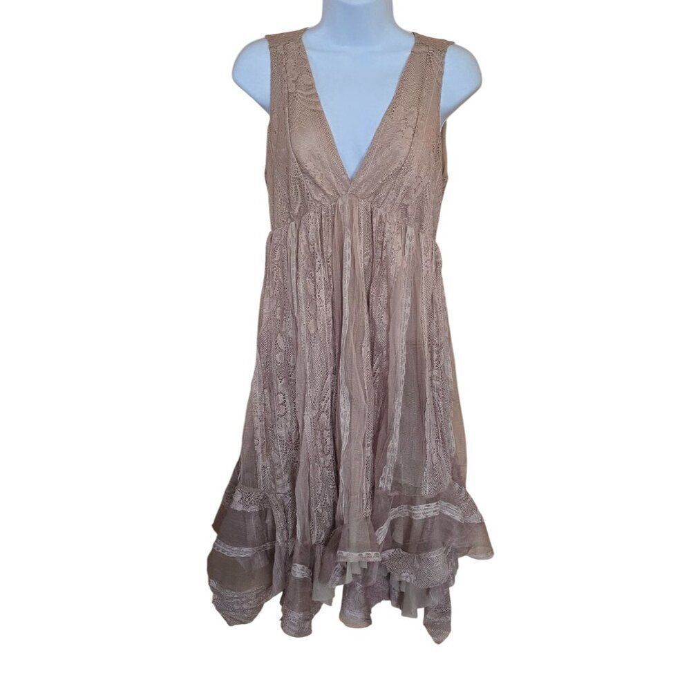 Boho Lace Ruffle Dress Beige Sheer V-Neck Sleeveless coquette elegant whimsical